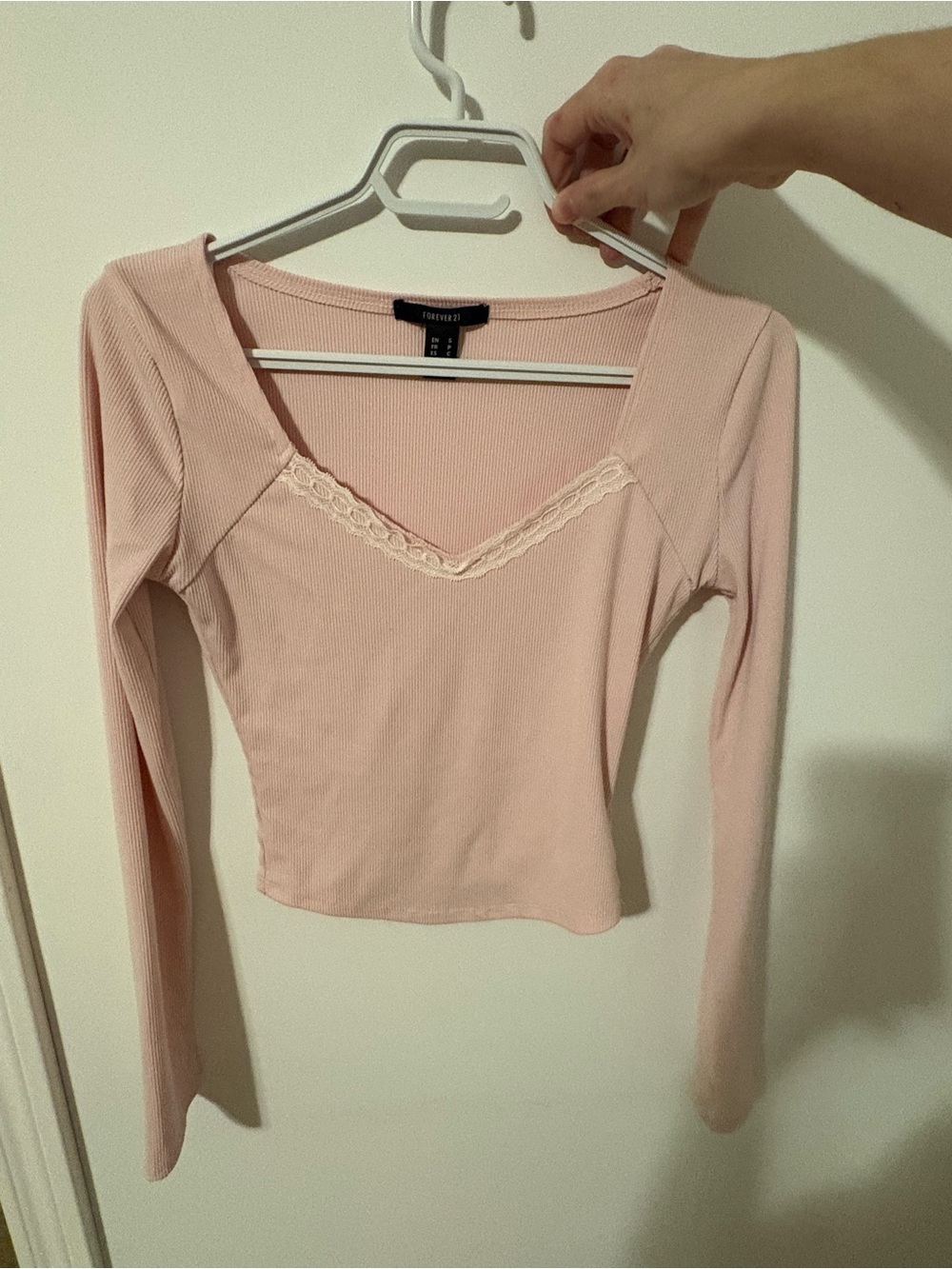Forever 21 Light Pink Lace-Trim Long Sleeve Ribbed Top